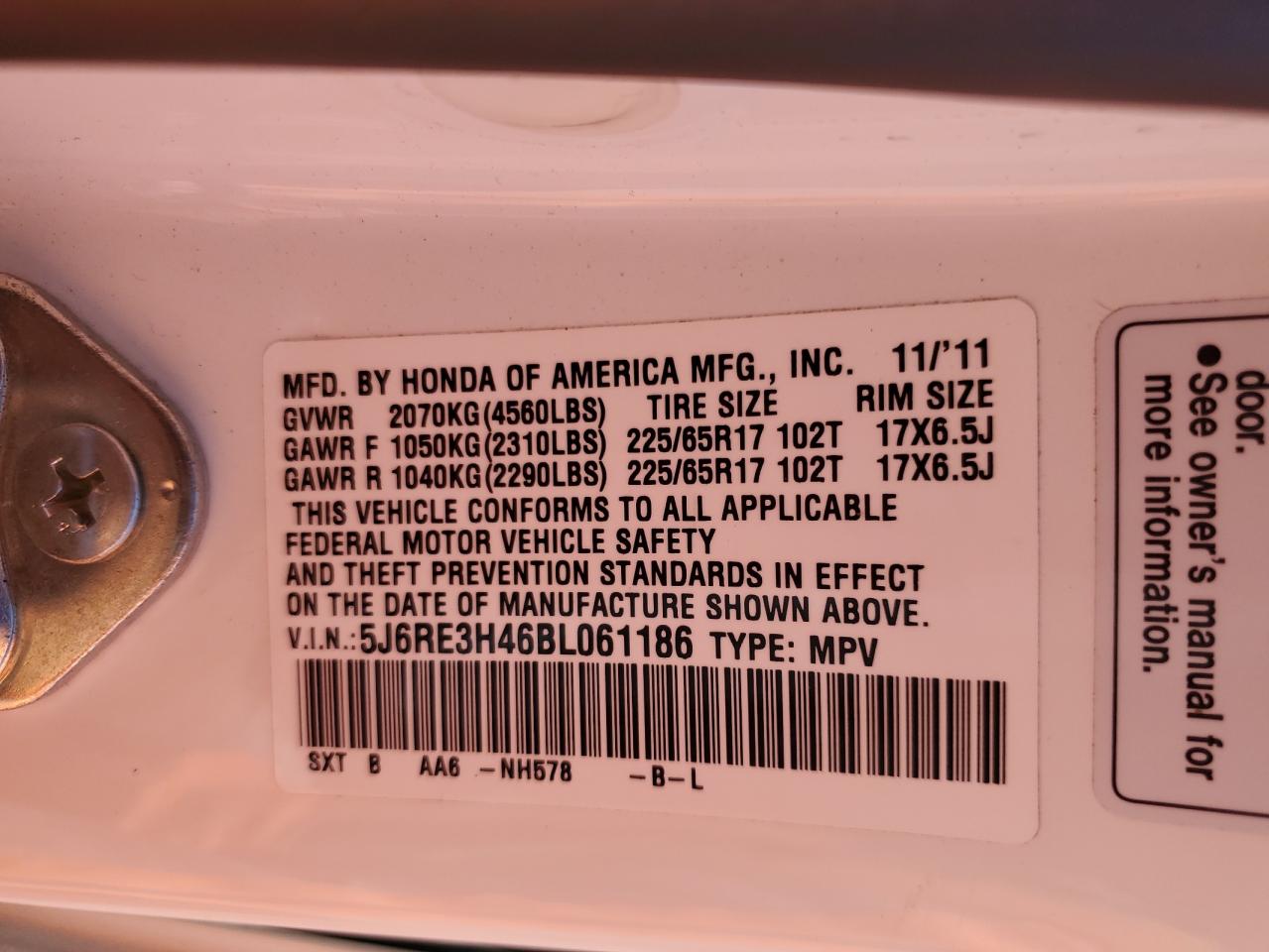 2011 Honda Cr-V Se VIN: 5J6RE3H46BL061186 Lot: 67173694