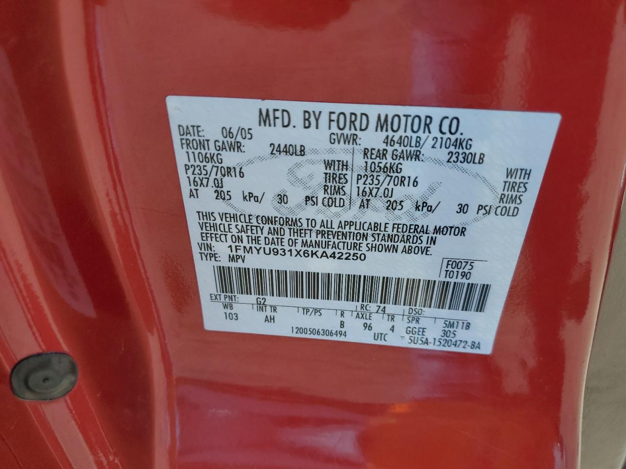 2006 Ford Escape Xlt VIN: 1FMYU931X6KA42250 Lot: 65432074