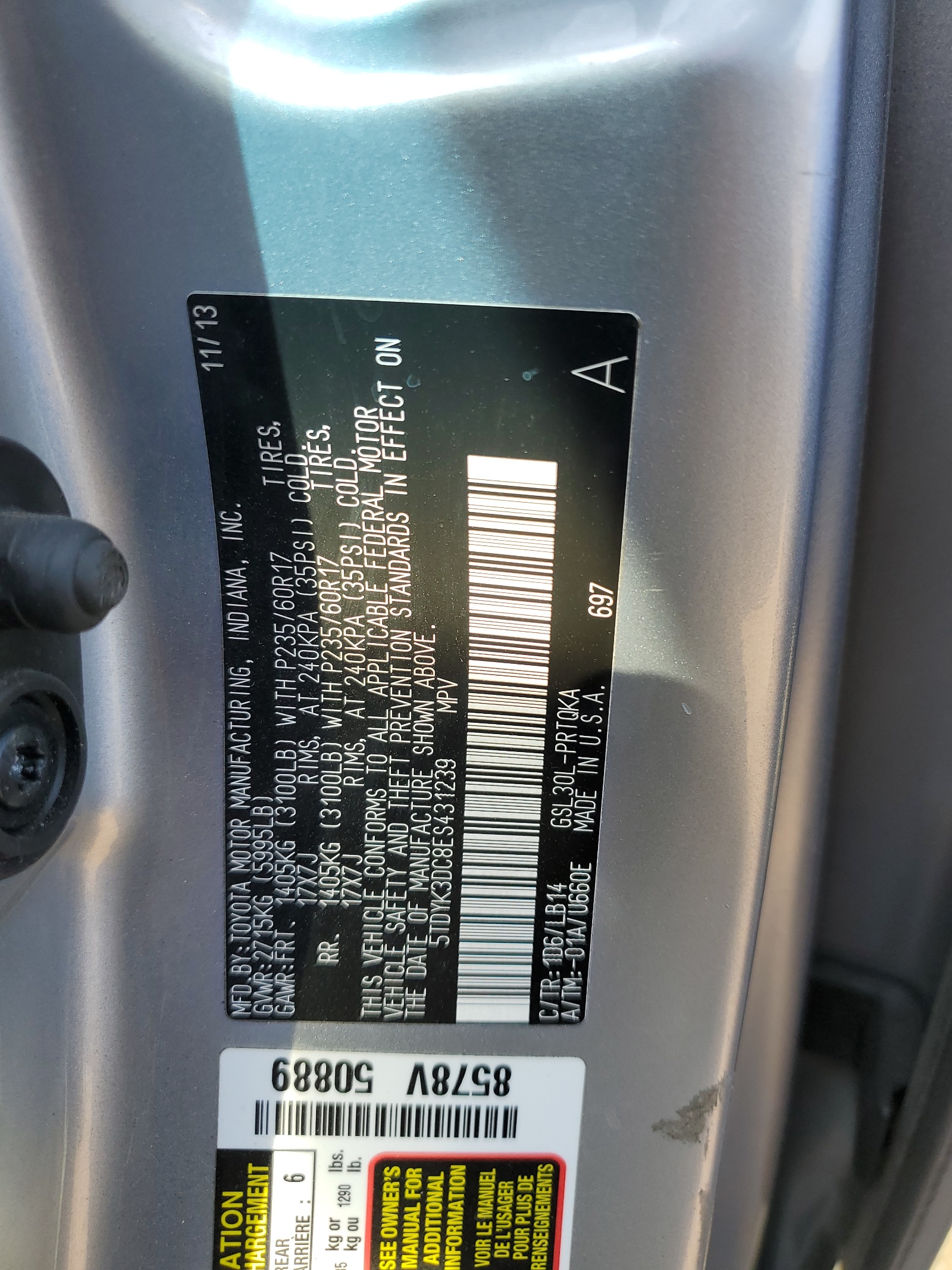 5TDYK3DC8ES431239 2014 Toyota Sienna Xle