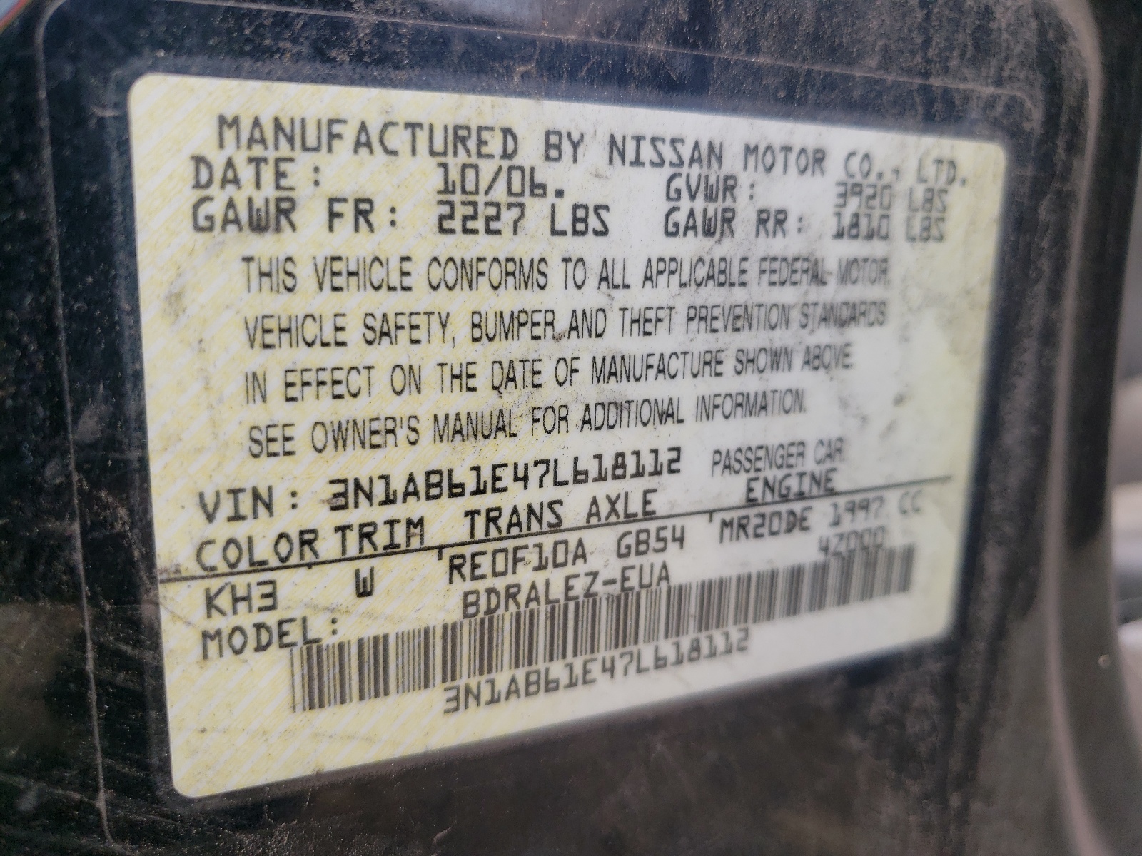 3N1AB61E47L618112 2007 Nissan Sentra 2.0