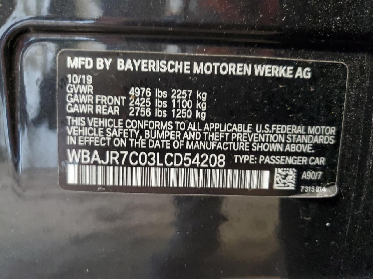 2020 BMW 530 Xi VIN: WBAJR7C03LCD54208 Lot: 66937254