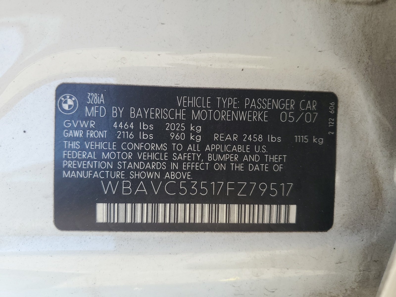WBAVC53517FZ79517 2007 BMW 328 I Sulev