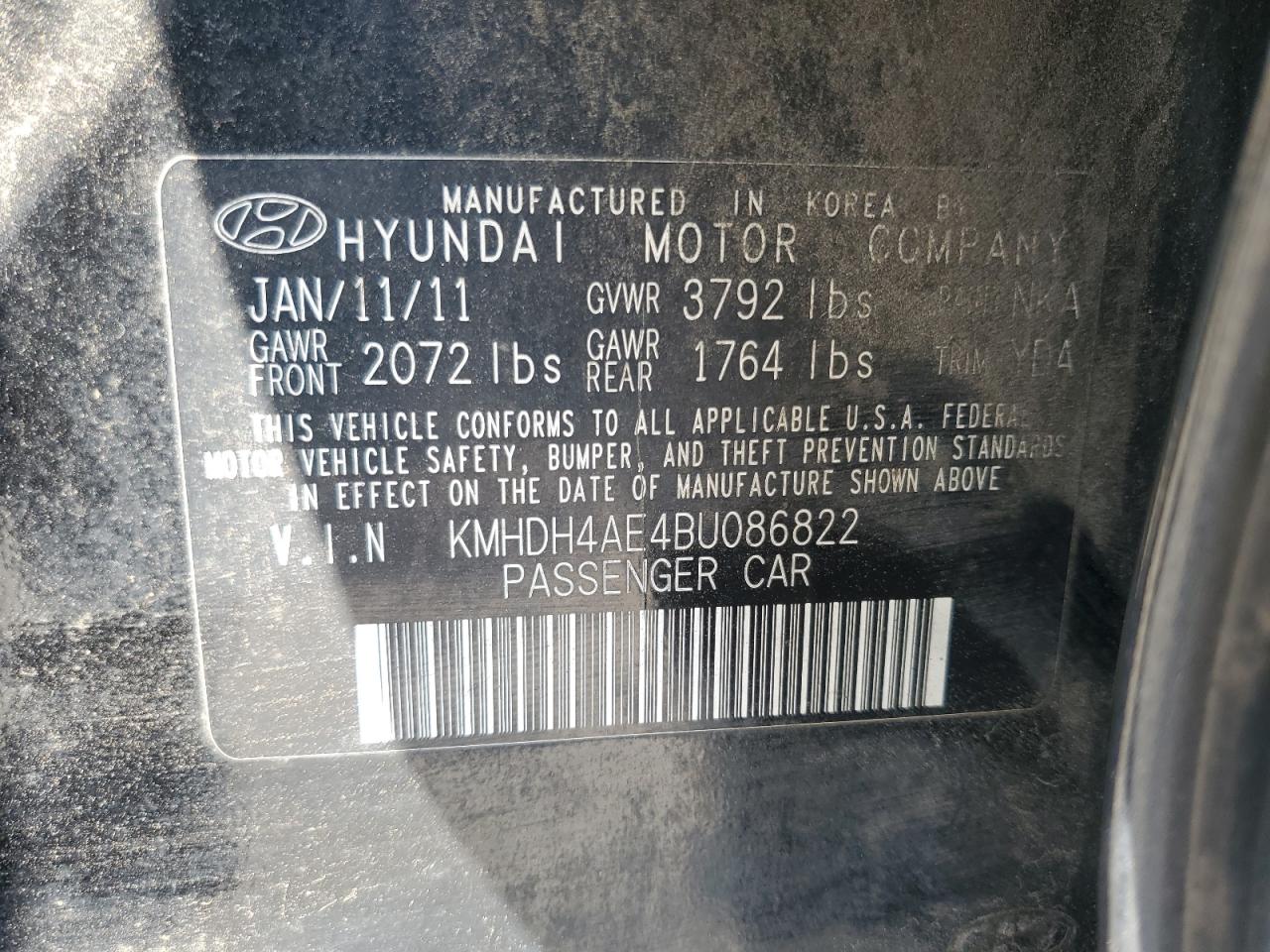 2011 Hyundai Elantra Gls VIN: KMHDH4AE4BU086822 Lot: 65670074