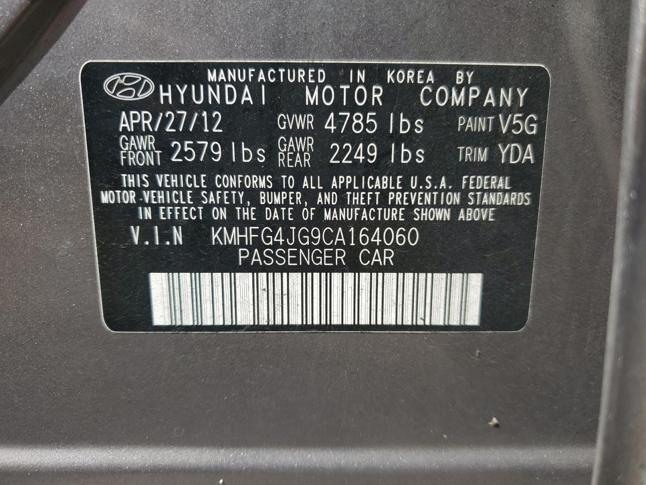 2012 Hyundai Azera Gls VIN: KMHFG4JG9CA164060 Lot: 68547844