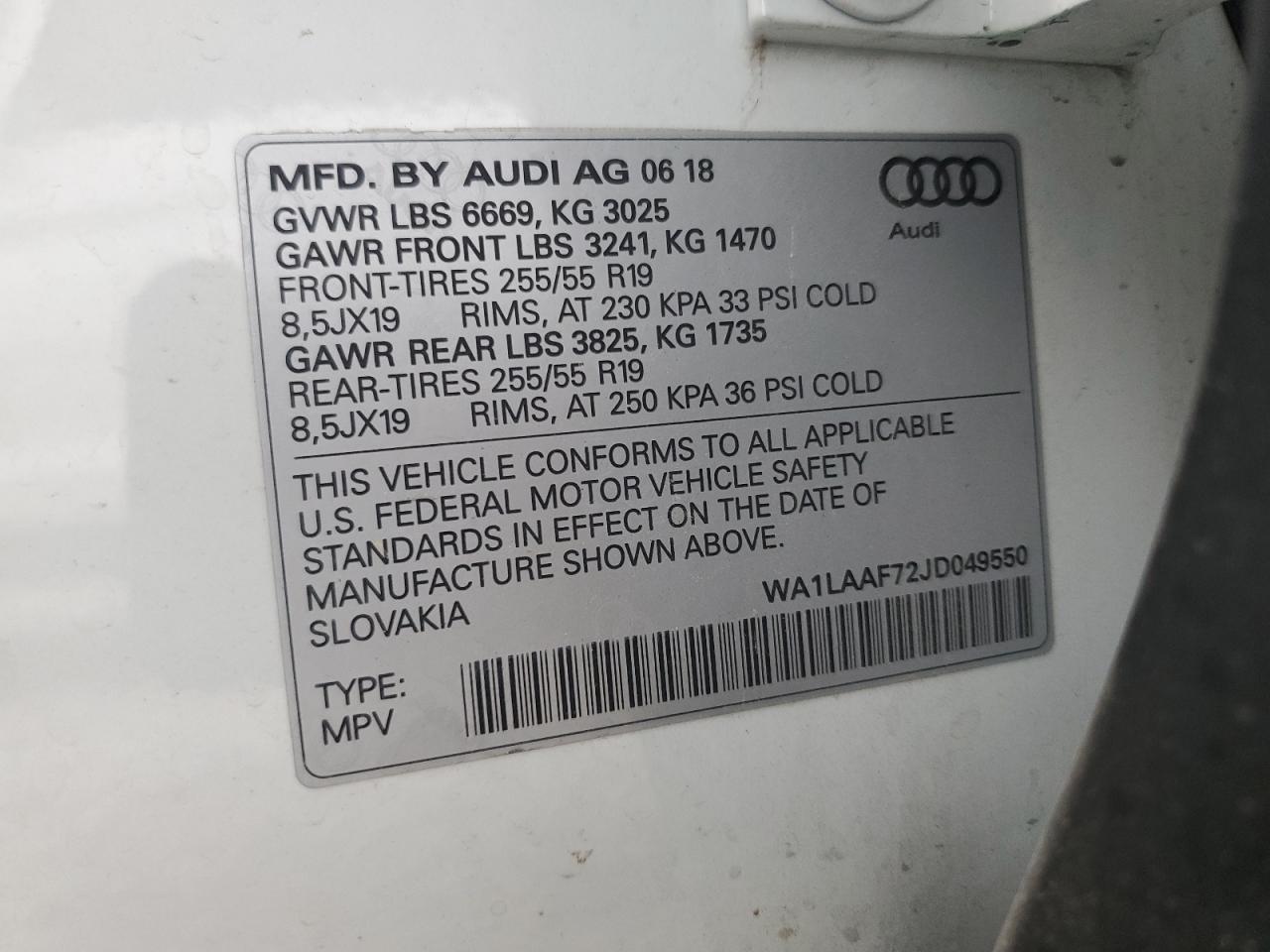 2018 Audi Q7 Premium Plus VIN: WA1LAAF72JD049550 Lot: 65665704