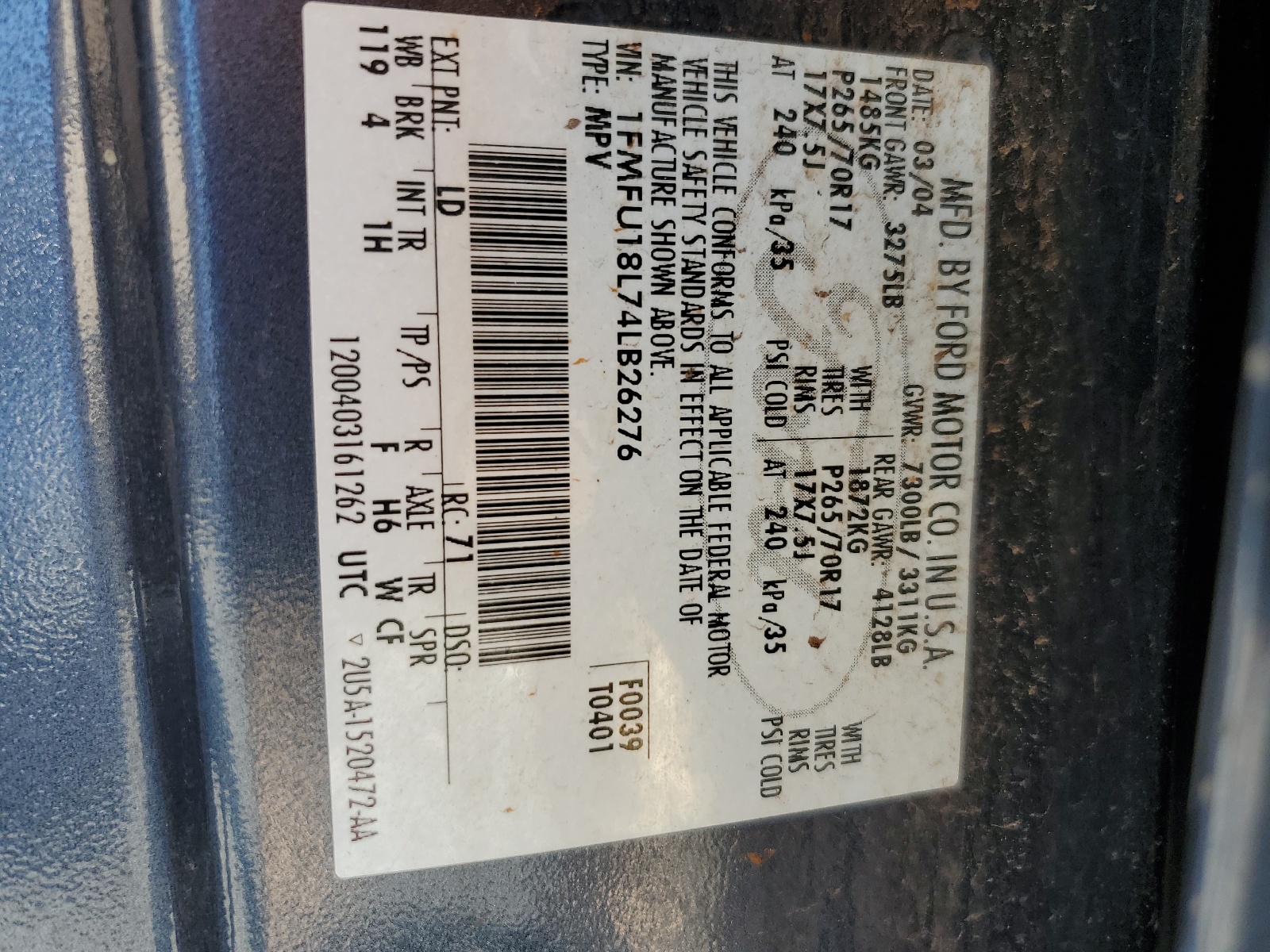 1FMFU18L74LB26276 2004 Ford Expedition Eddie Bauer