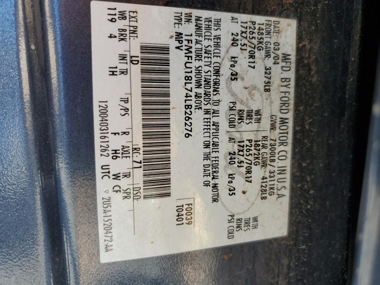 2004 Ford Expedition Eddie Bauer VIN: 1FMFU18L74LB26276 Lot: 66361064