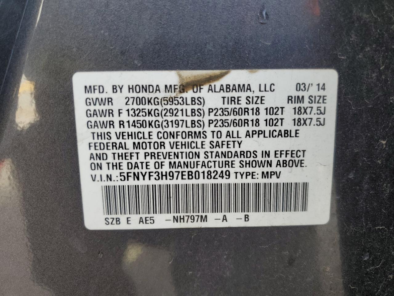 5FNYF3H97EB018249 2014 Honda Pilot Touring