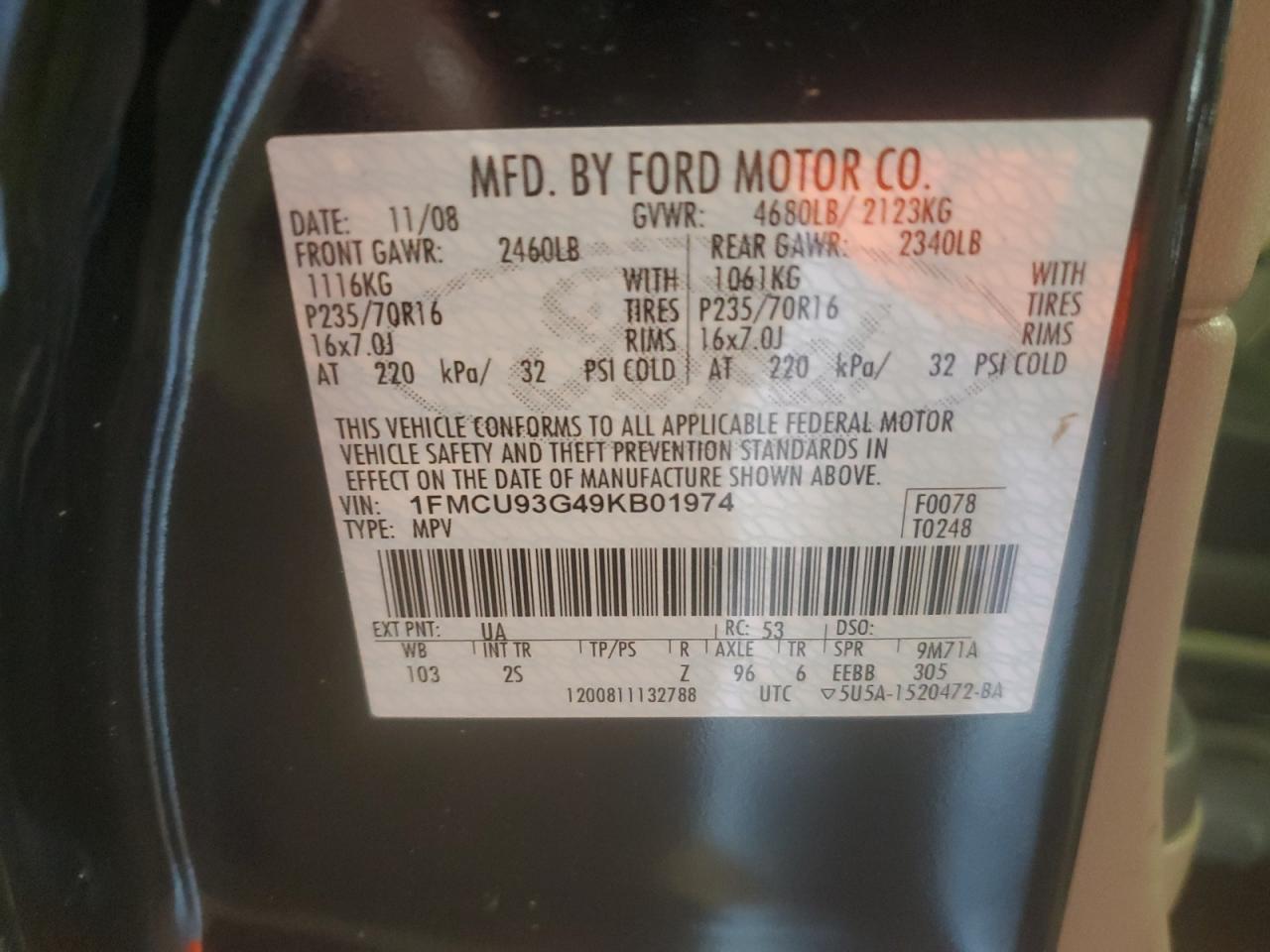 2009 Ford Escape Xlt VIN: 1FMCU93G49KB01974 Lot: 65790114