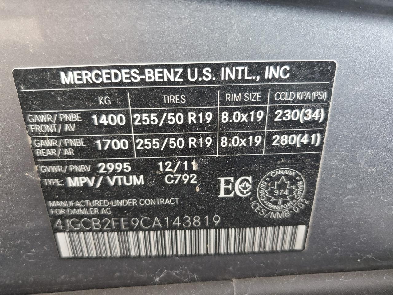 2012 Mercedes-Benz R 350 Bluetec VIN: 4JGCB2FE9CA143819 Lot: 67543634