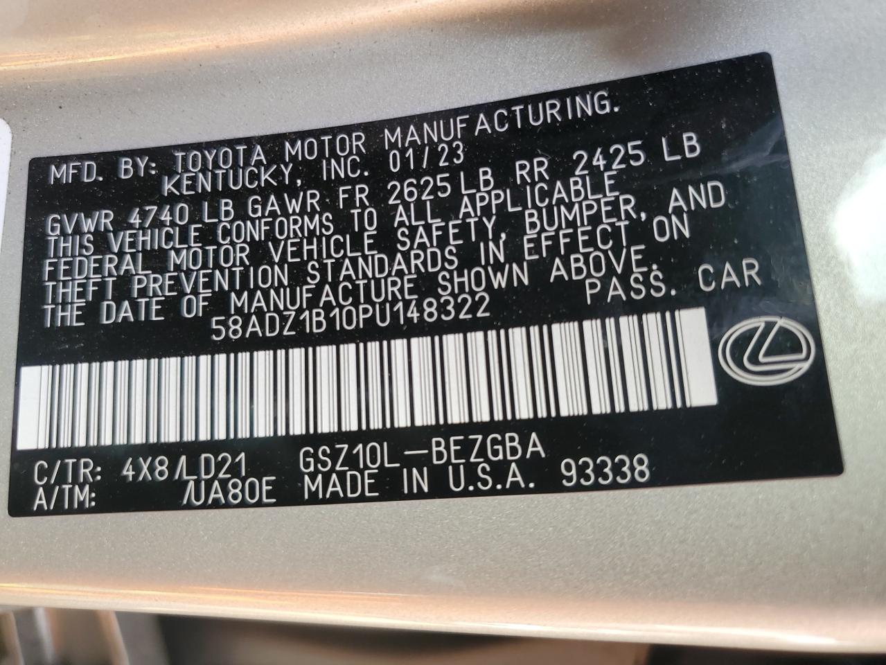 2023 Lexus Es 350 Base VIN: 58ADZ1B10PU148322 Lot: 68288184