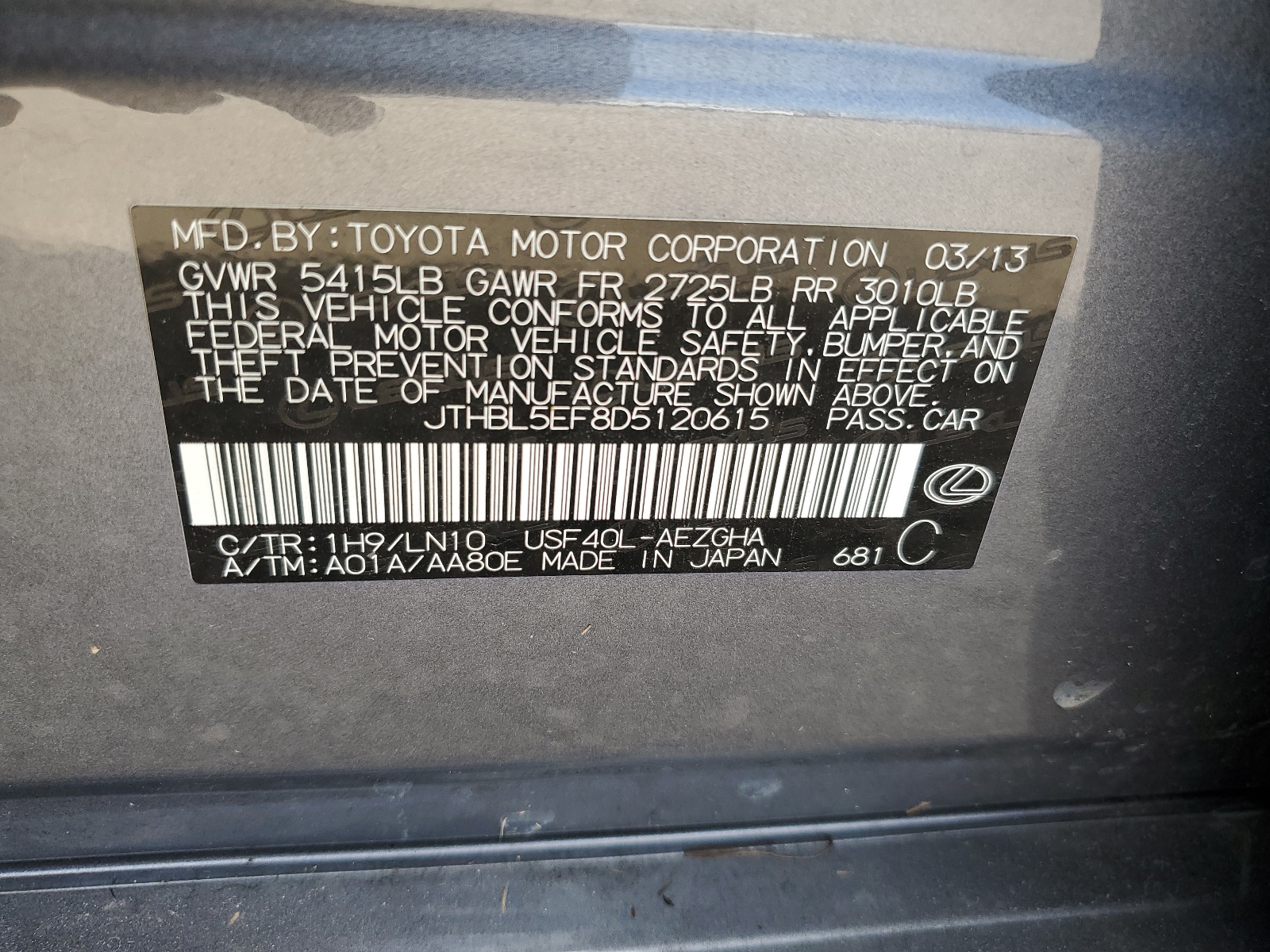 JTHBL5EF8D5120615 2013 Lexus Ls 460