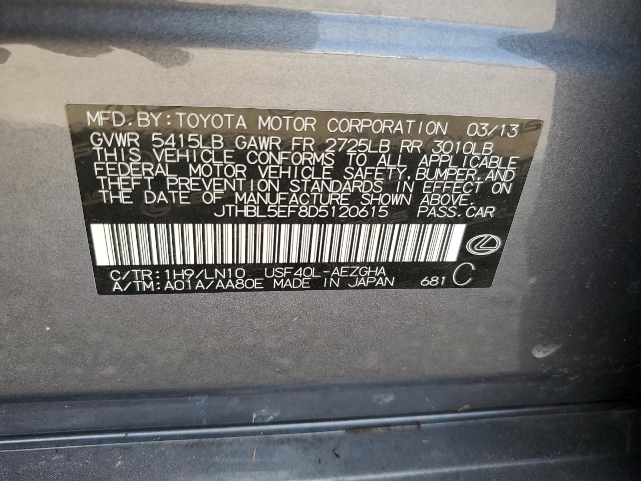 2013 Lexus Ls 460 VIN: JTHBL5EF8D5120615 Lot: 63253974