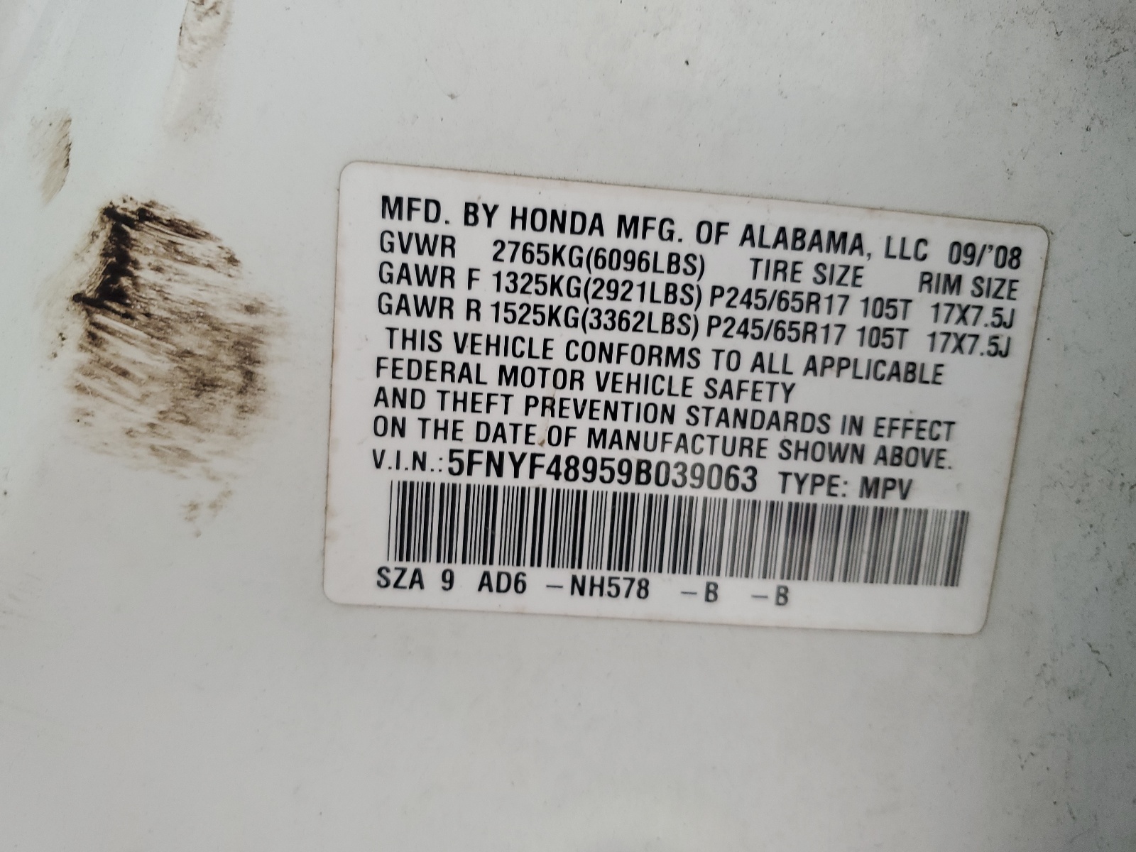 5FNYF48959B039063 2009 Honda Pilot Touring