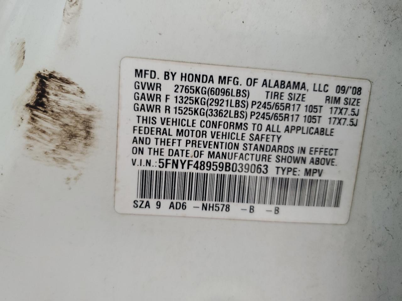 2009 Honda Pilot Touring VIN: 5FNYF48959B039063 Lot: 66188574