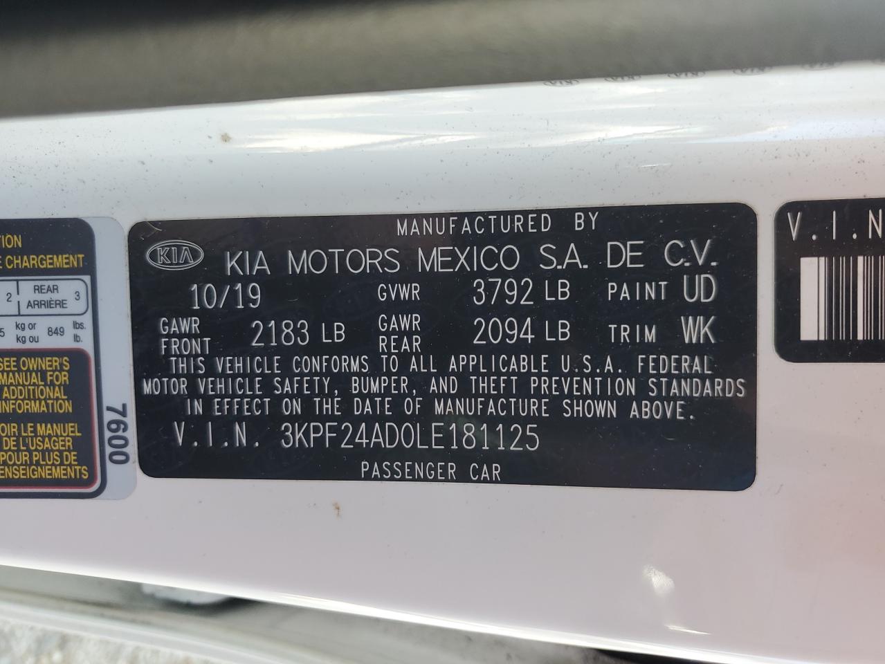 2020 Kia Forte Fe VIN: 3KPF24AD0LE181125 Lot: 69081854