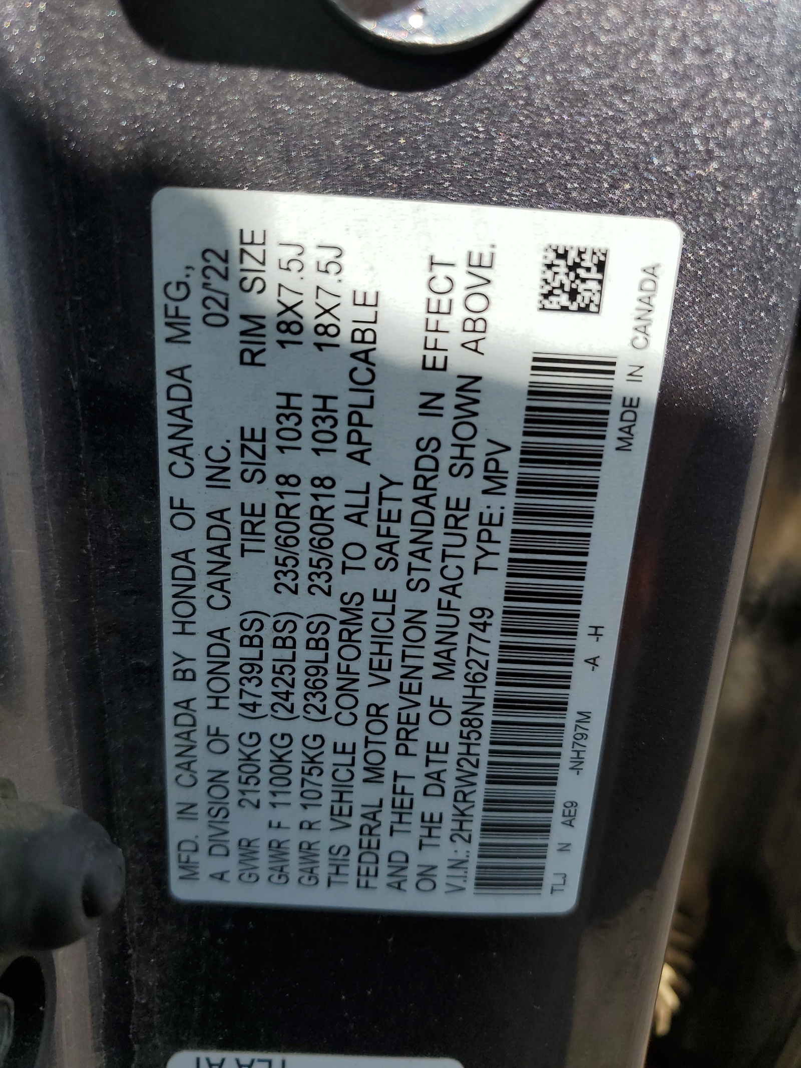 2HKRW2H58NH627749 2022 Honda Cr-V Ex