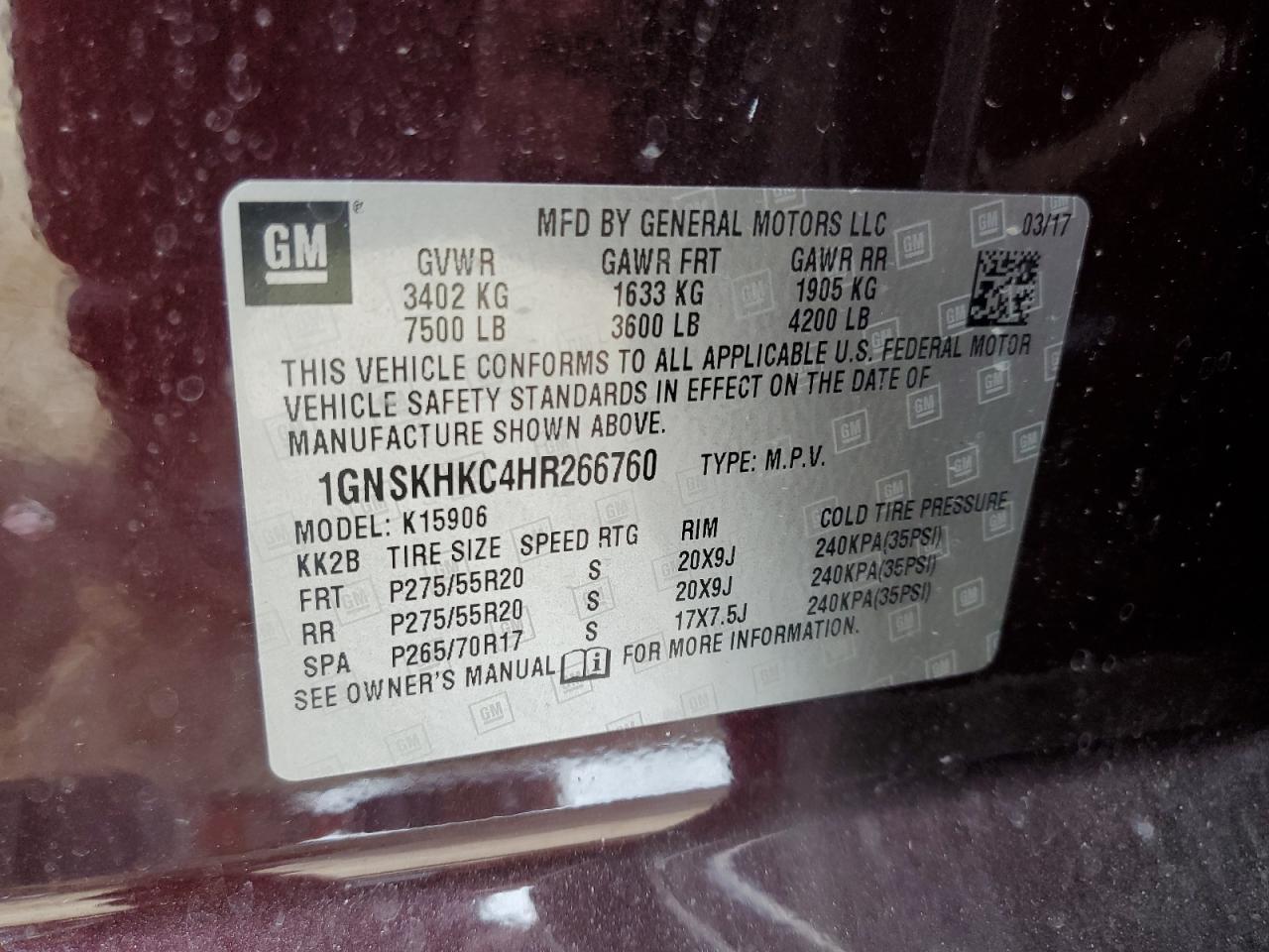 1GNSKHKC4HR266760 2017 Chevrolet Suburban K1500 Lt