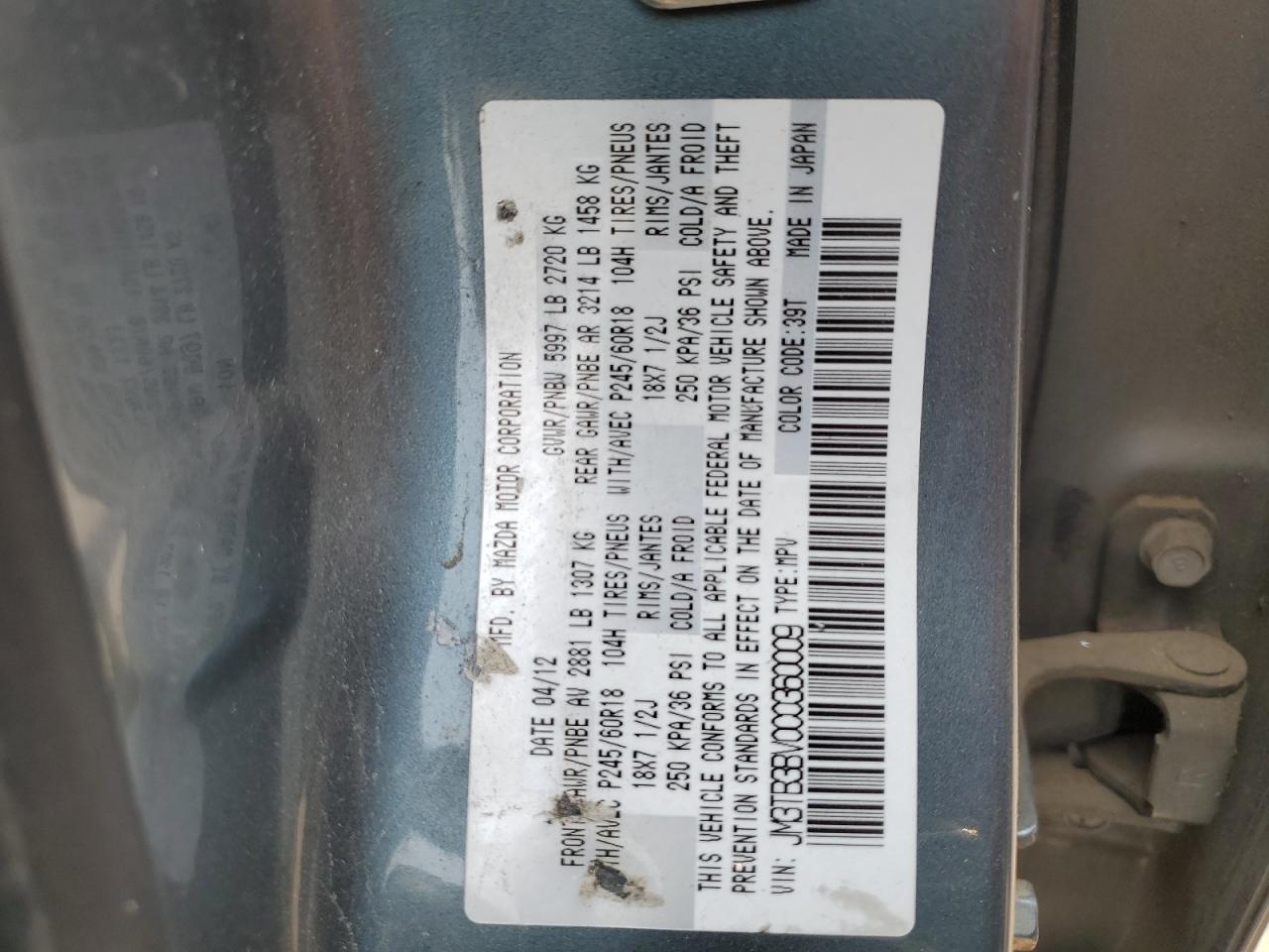 JM3TB3BV0C0360009 2012 Mazda Cx-9