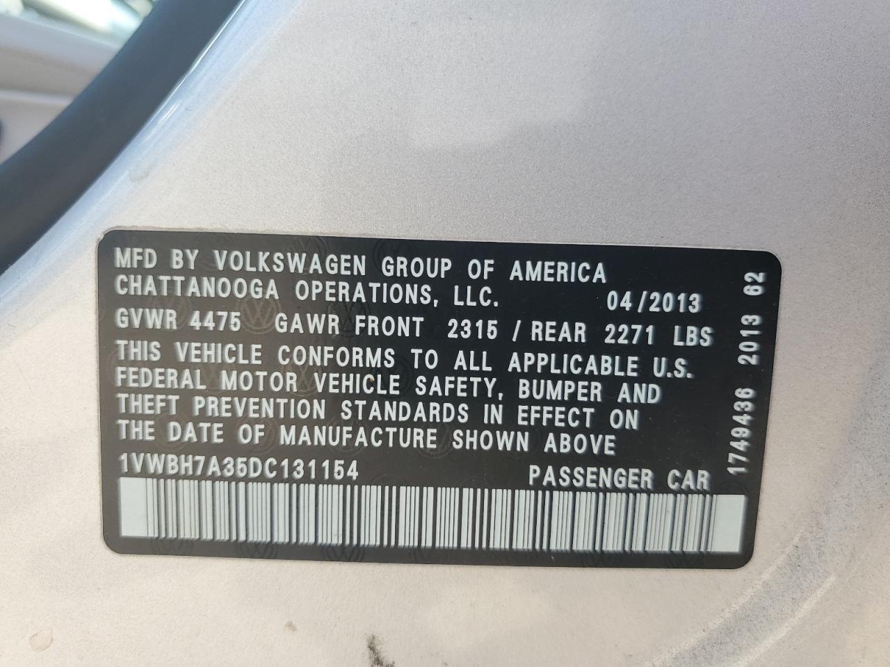 2013 Volkswagen Passat Se VIN: 1VWBH7A35DC131154 Lot: 67713074