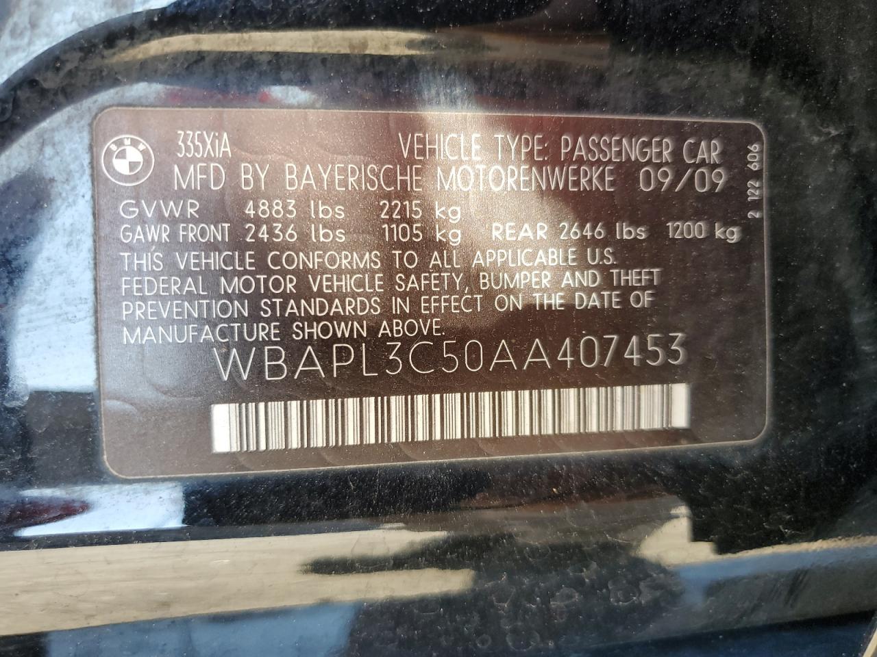 2010 BMW 335 Xi VIN: WBAPL3C50AA407453 Lot: 66210604