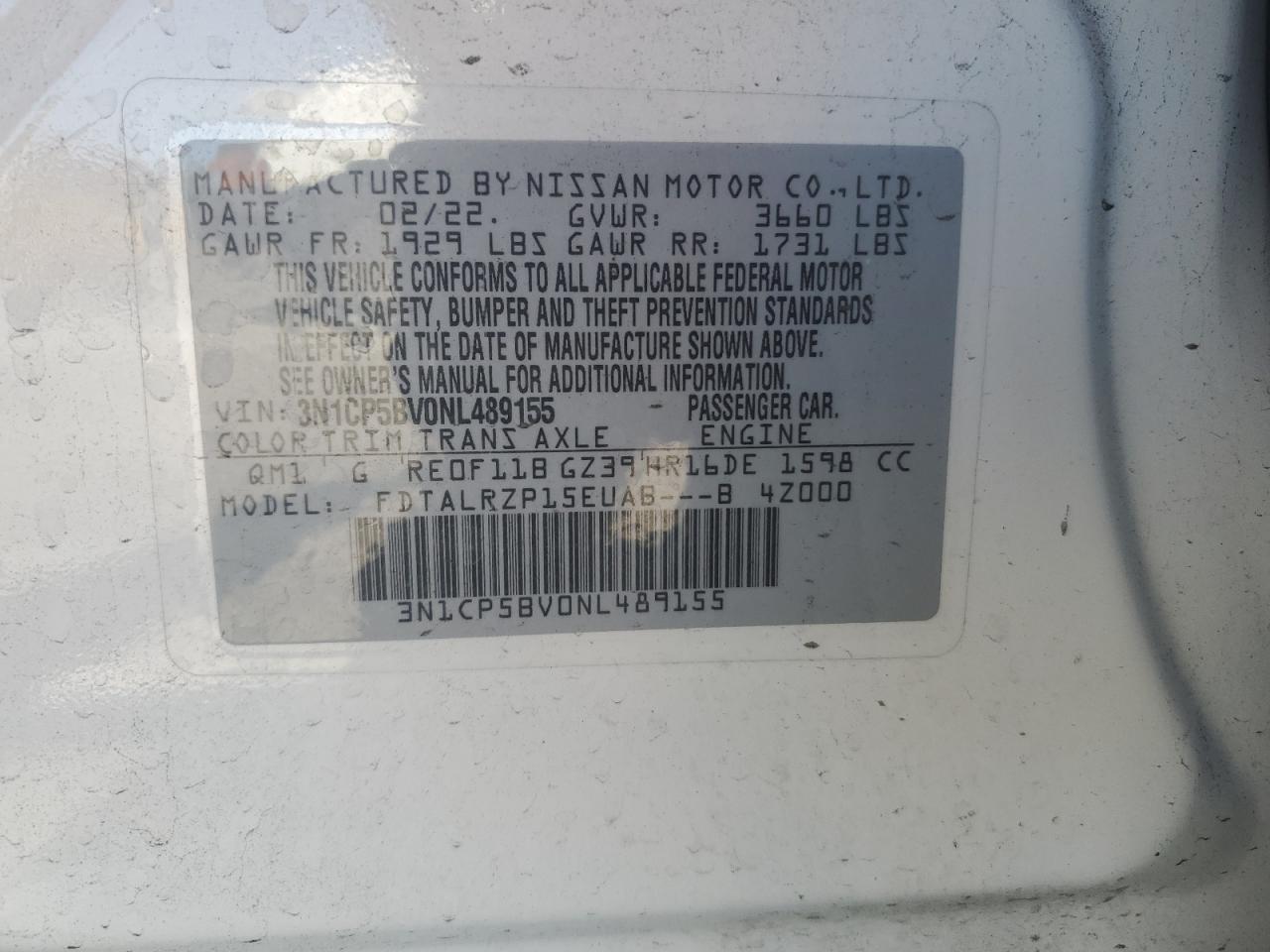 2022 Nissan Kicks S VIN: 3N1CP5BV0NL489155 Lot: 67313024