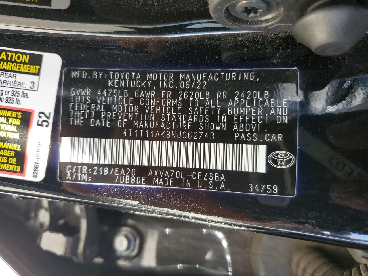 4T1T11AK8NU062743 2022 TOYOTA CAMRY - Image 12