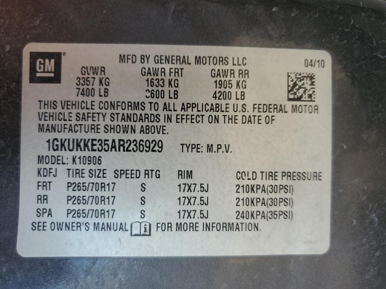 1GKUKKE35AR236929 2010 GMC Yukon Xl K1500 Slt