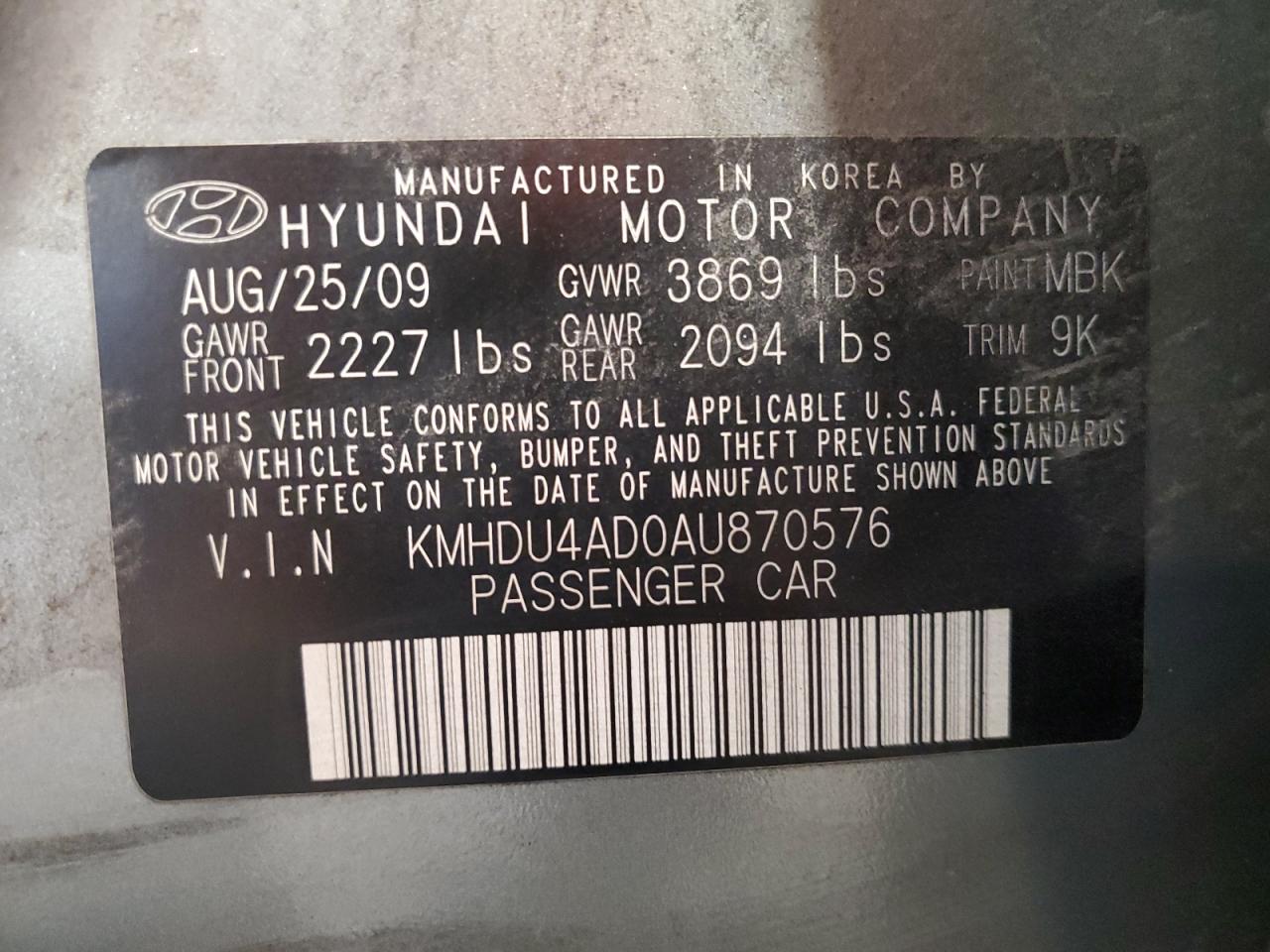 2010 Hyundai Elantra Blue VIN: KMHDU4AD0AU870576 Lot: 66141264