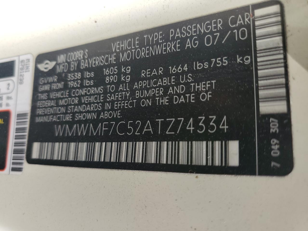 2010 Mini Cooper S VIN: WMWMF7C52ATZ74334 Lot: 66401814