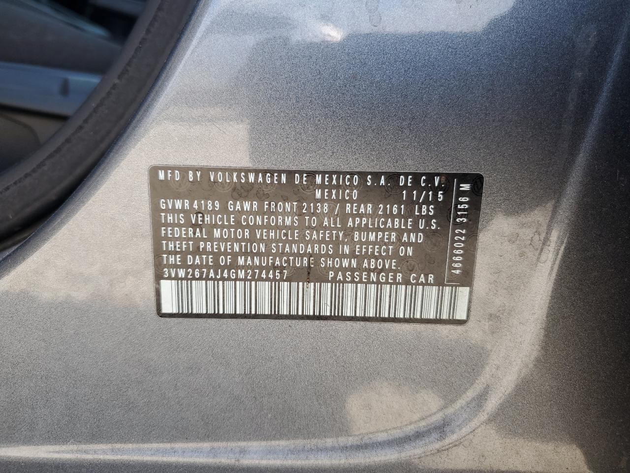 2016 Volkswagen Jetta S VIN: 3VW267AJ4GM274457 Lot: 67255504