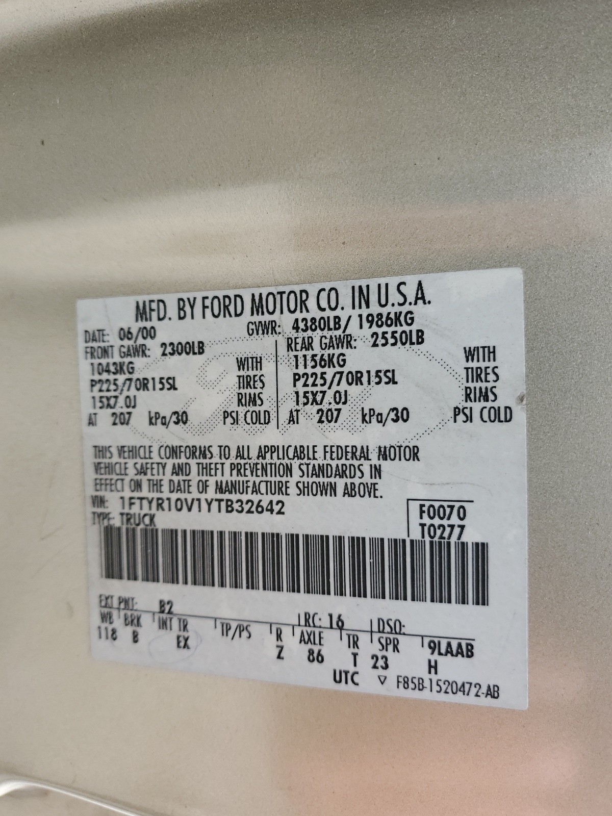 1FTYR10V1YTB32642 2000 Ford Ranger