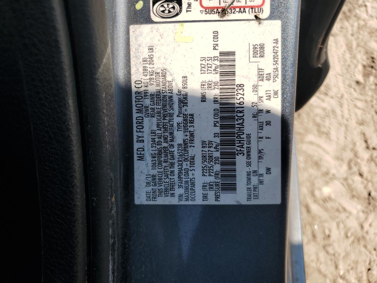 2012 Ford Fusion Se VIN: 3FAHP0HA3CR165238 Lot: 66700344