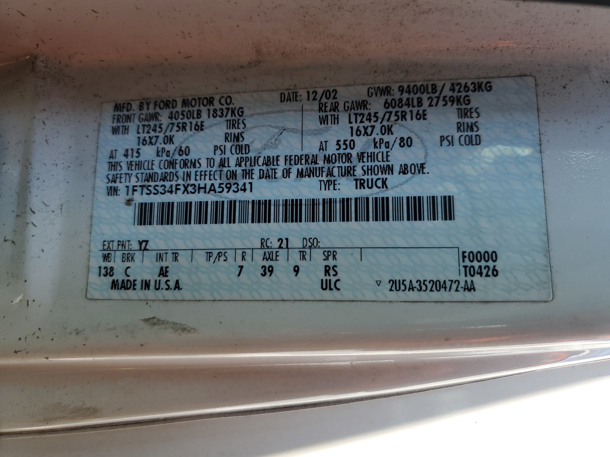 1FTSS34FX3HA59341 2003 Ford Econoline E350 Super Duty Van