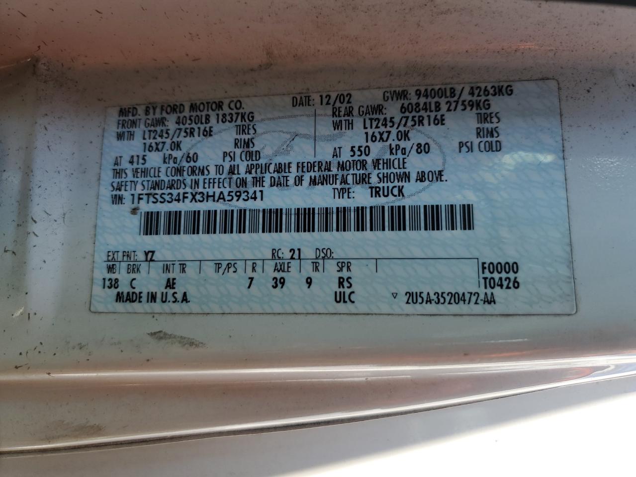 2003 Ford Econoline E350 Super Duty Van VIN: 1FTSS34FX3HA59341 Lot: 66290384