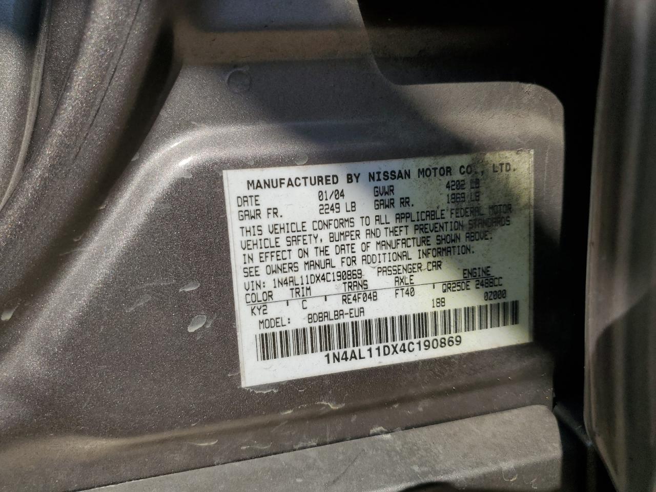 2004 Nissan Altima Base VIN: 1N4AL11DX4C190869 Lot: 67017904