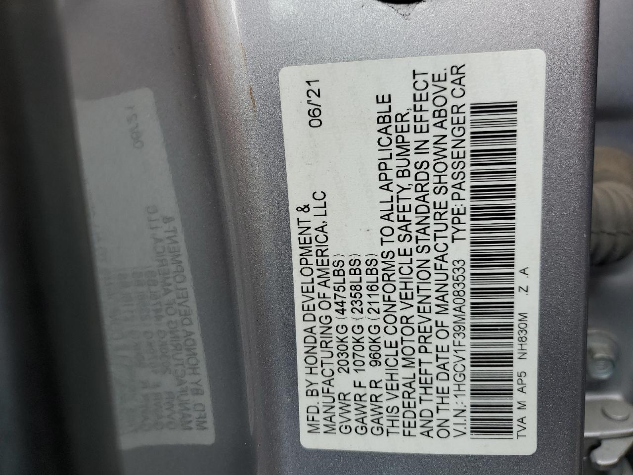 2021 Honda Accord Sport VIN: 1HGCV1F39MA083533 Lot: 67313004