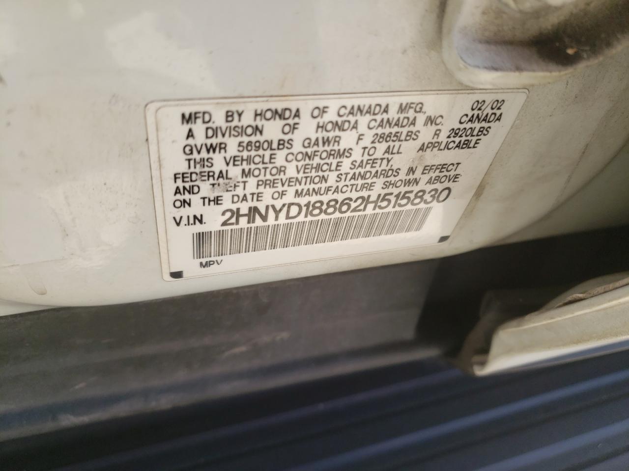 2002 Acura Mdx Touring VIN: 2HNYD18862H515830 Lot: 66984074