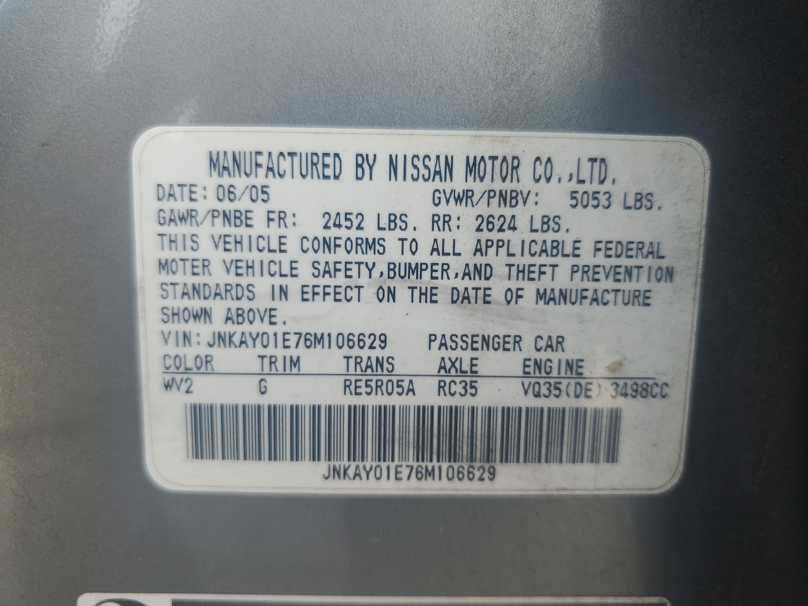 JNKAY01E76M106629 2006 Infiniti M35 Base