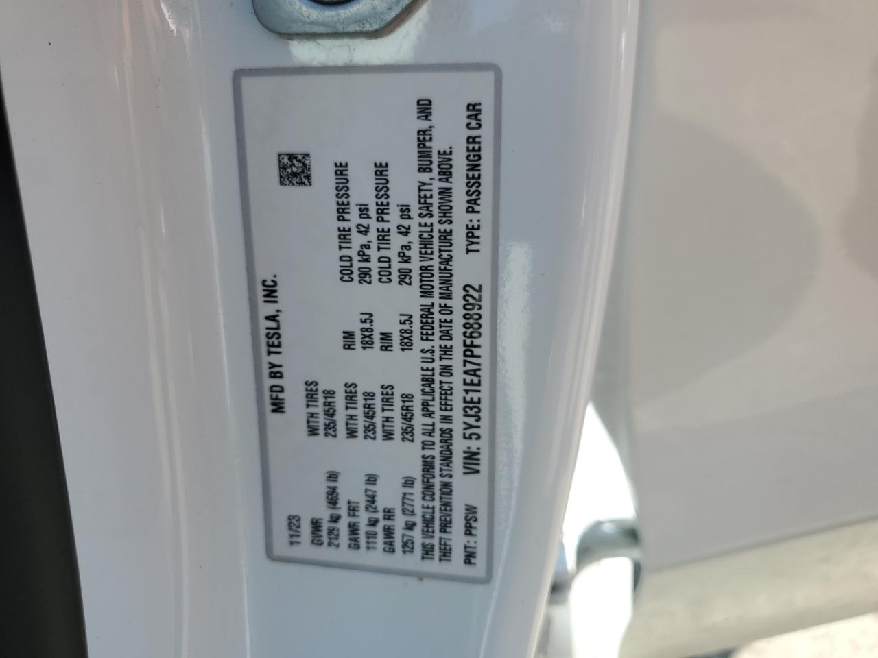 5YJ3E1EA7PF688922 2023 Tesla Model 3