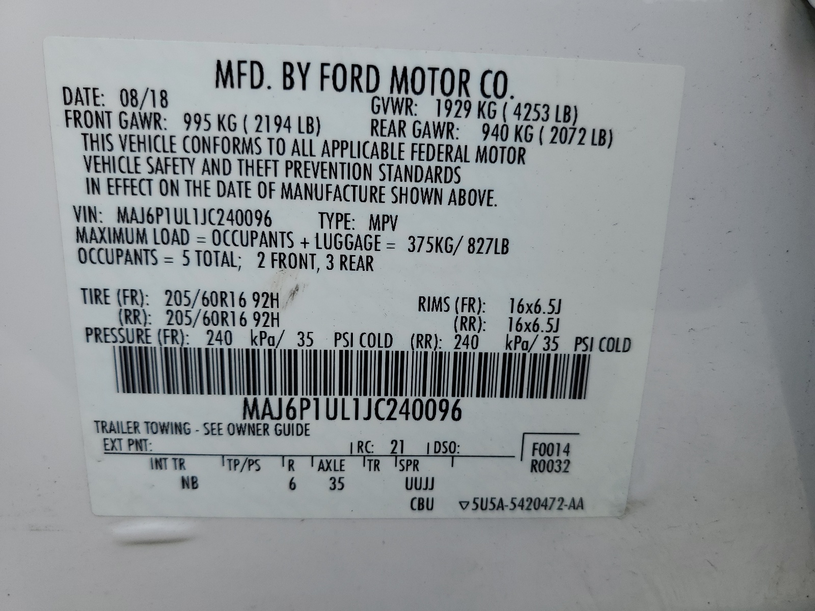 MAJ6P1UL1JC240096 2018 Ford Ecosport Se