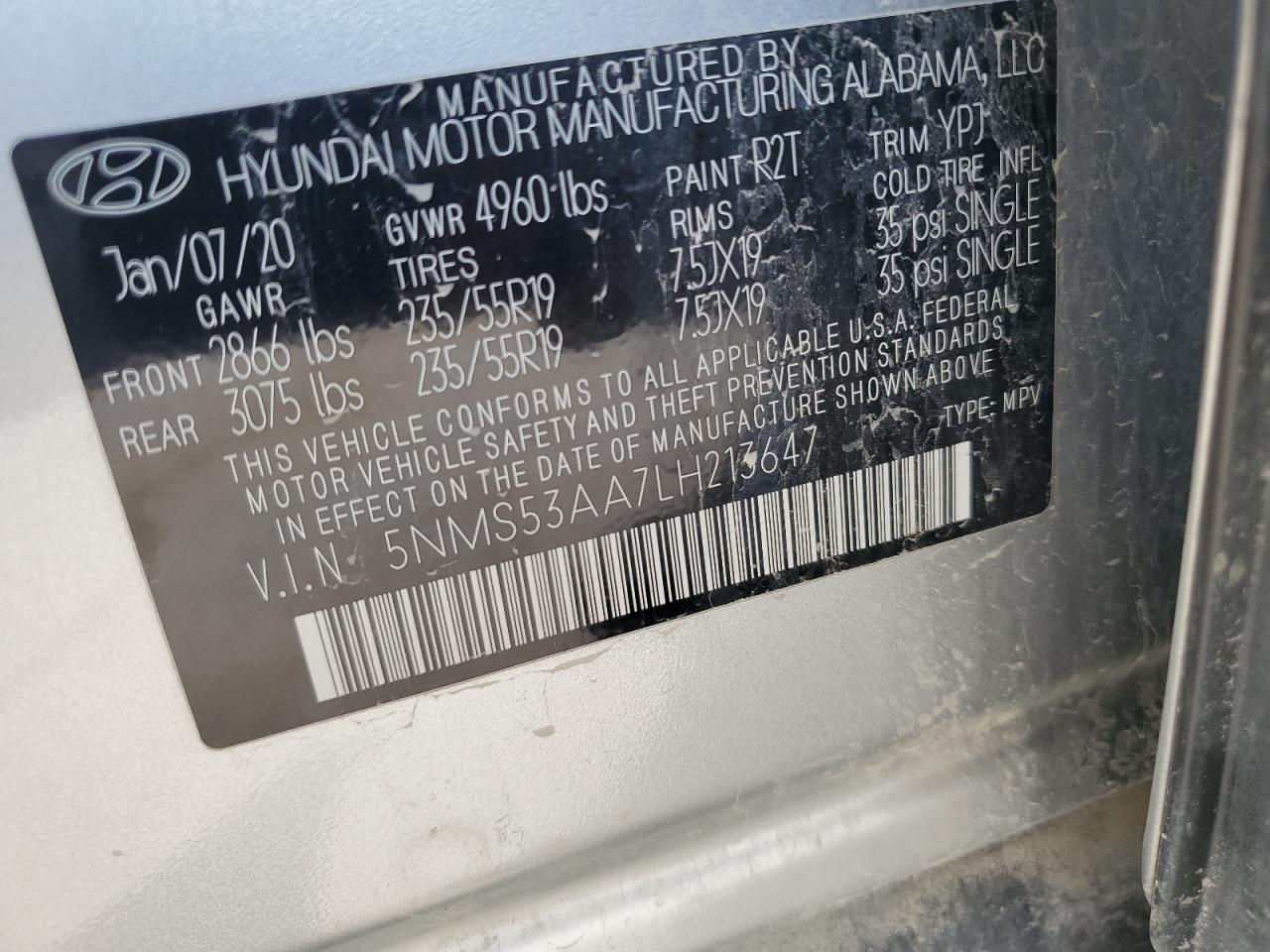 5NMS53AA7LH213647 2020 Hyundai Santa Fe Limited