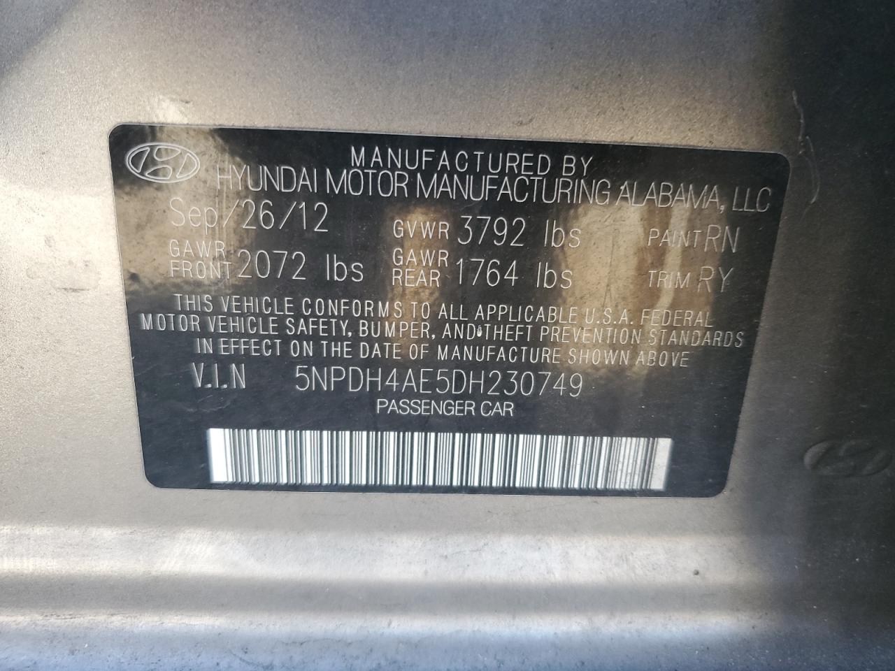 2013 Hyundai Elantra Gls VIN: 5NPDH4AE5DH230749 Lot: 67329364