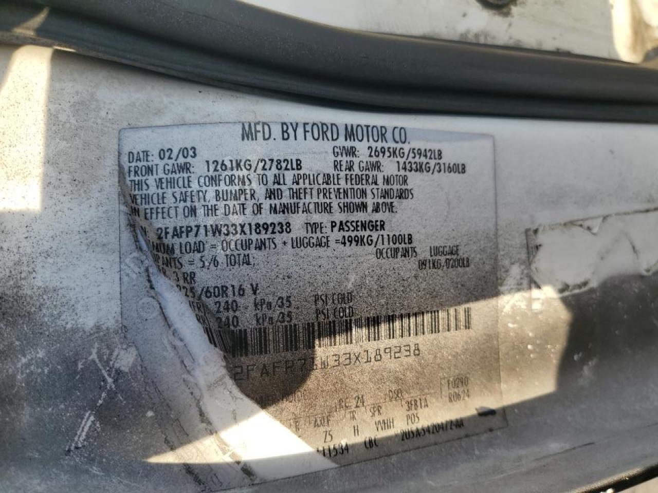 2003 Ford Crown Victoria Police Interceptor VIN: 2FAFP71W33X189238 Lot: 65522784