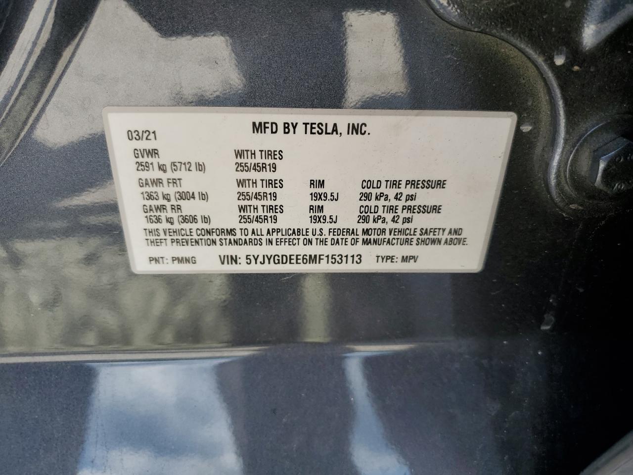 5YJYGDEE6MF153113 2021 Tesla Model Y