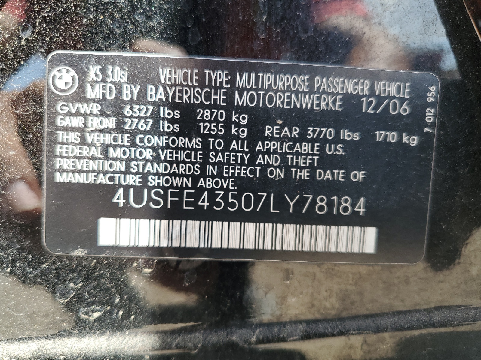 4USFE43507LY78184 2007 BMW X5 3.0I