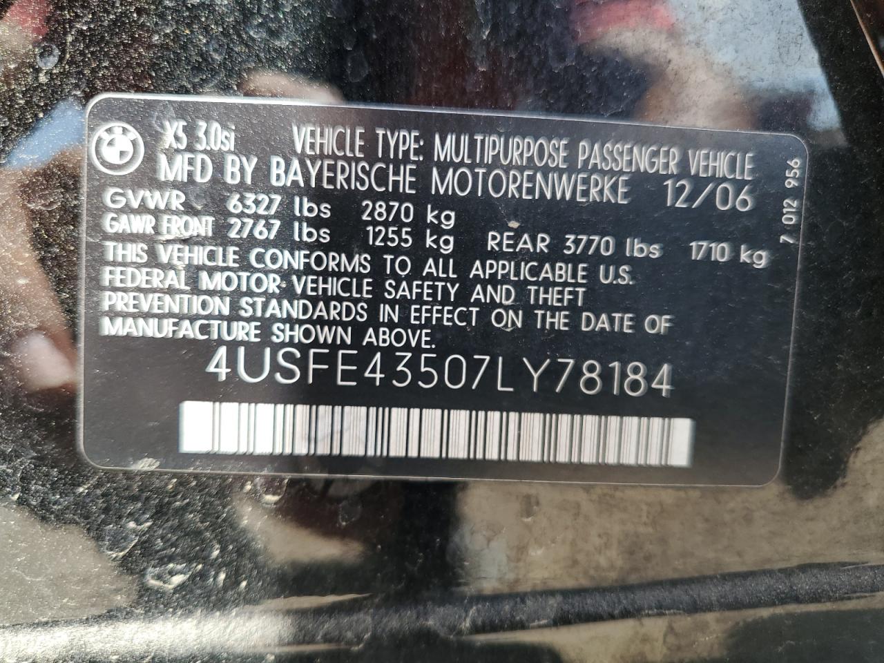 2007 BMW X5 3.0I VIN: 4USFE43507LY78184 Lot: 65997864