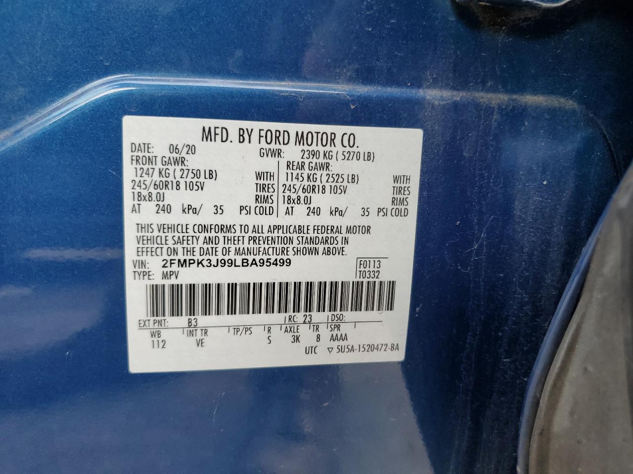 2020 Ford Edge Sel VIN: 2FMPK3J99LBA95499 Lot: 65769434