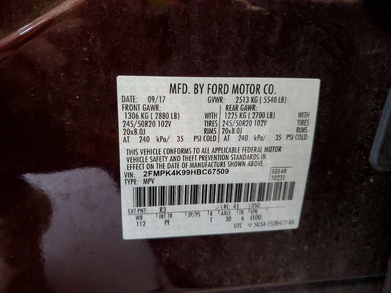 2FMPK4K99HBC67509 2017 Ford Edge Titanium