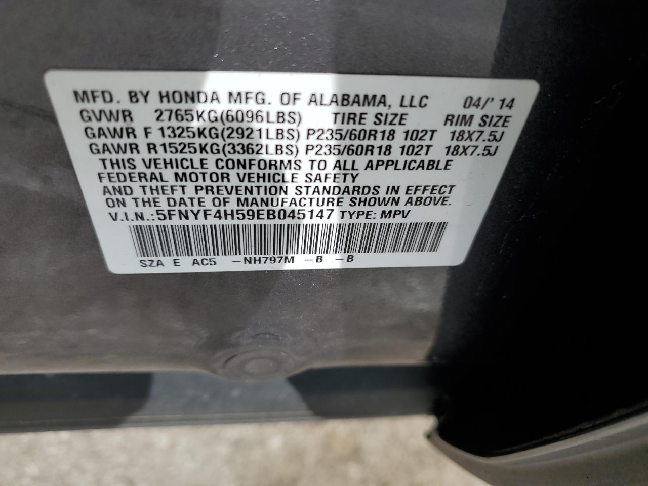 2014 Honda Pilot Exl VIN: 5FNYF4H59EB045147 Lot: 65823174